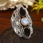 Rainbow Moonstone & Black Onyx Size US 8 Sterling Silver 925 Ring (REXT86-51)