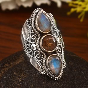 Labradorite & Smoky Quartz Size US 7 Sterling Silver 925 Ring (REXT86-35)
