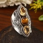 Tiger's Eye & Citrine Size US 11 Sterling Silver 925 Ring (REXT86-54)