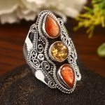 Sunstone & Citrine Size US 9 Sterling Silver 925 Ring (REXT86-49)