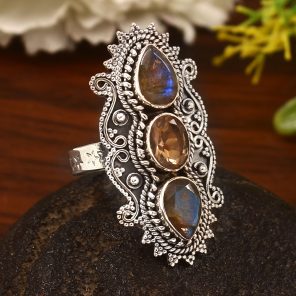 Labradorite & Smoky Quartz Size US 10 Sterling Silver 925 Ring (REXT86-32)