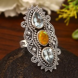 Ethiopian Opal & Blue Topaz Size US 6 Sterling Silver 925 Ring (REXT86-21)