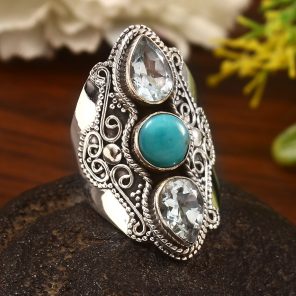 Blue Topaz & Kingman Turquoise Size US 7 Sterling Silver 925 Ring (REXT86-72)
