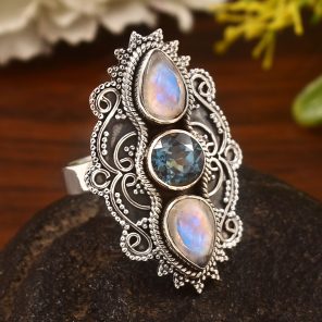 London Blue Topaz & Rainbow Moonstone Size US 6 Sterling Silver 925 Ring (REXT86-23)