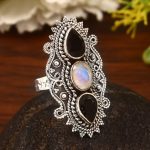 Black Onyx & Rainbow Moonstone Size US 10 Sterling Silver 925 Ring (REXT86-30)
