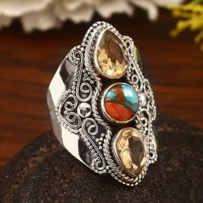 Citrine & Spiny Oyster Turquoise Size US 10 Sterling Silver 925 Ring (REXT86-92)