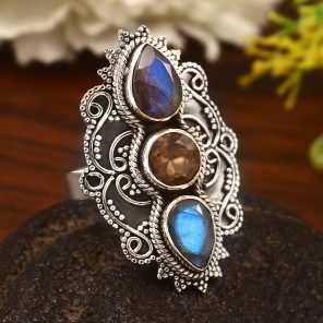 Labradorite & Smoky Quartz Size US 8 Sterling Silver 925 Ring (REXT86-33)
