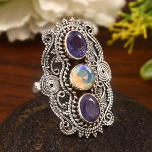 Ethiopian Opal & Tanzanite Size US 10 Sterling Silver 925 Ring (REXT86-84)