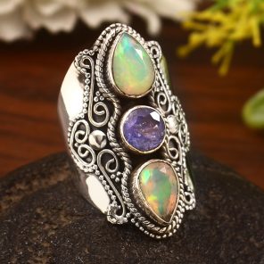 Tanzanite & Ethiopian Opal Size US 6 Sterling Silver 925 Ring (REXT86-27)