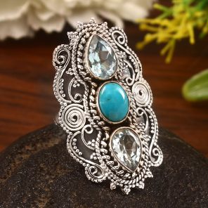 Blue Topaz & Kingman Turquoise Size US 7 Sterling Silver 925 Ring (REXT86-74)