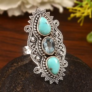 Blue Topaz & Kingman Turquoise Size US 8 Sterling Silver 925 Ring (REXT86-75)