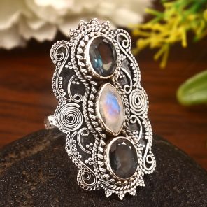 Rainbow Moonstone & London Blue Topaz Size US 8 Sterling Silver 925 Ring (REXT86-37)