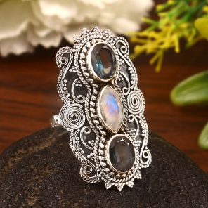 Rainbow Moonstone & London Blue Topaz Size US 6 Sterling Silver 925 Ring (REXT86-24)