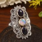 Ethiopian Opal & Black Opal Size US 9 Sterling Silver 925 Ring (REXT86-85)