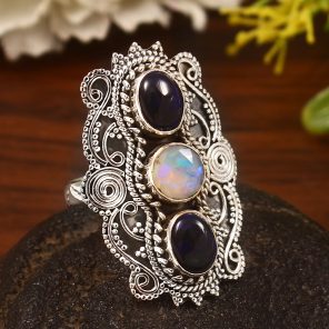 Ethiopian Opal & Black Opal Size US 9 Sterling Silver 925 Ring (REXT86-85)