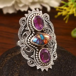 Pink Dahlia Turquoise & Amethyst Size US 8 Sterling Silver 925 Ring (REXT86-95)