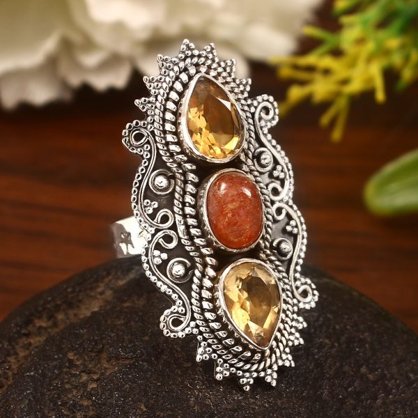 Sunstone & Citrine Size US 7 Sterling Silver 925 Ring (REXT86-47)