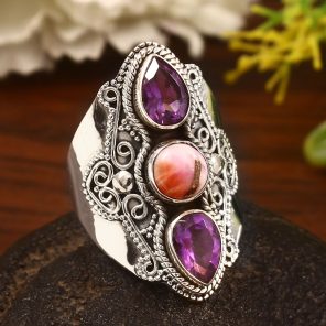 Pink Dahlia Turquoise & Amethyst Size US 10 Sterling Silver 925 Ring (REXT86-98)