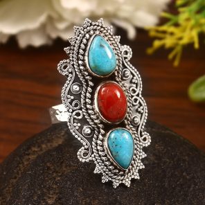 Coral & Kingman Turquoise Size US 10 Sterling Silver 925 Ring (REXT86-77)