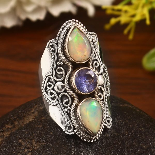 Ethiopian Opal & Tanzanite Size US 6 Sterling Silver 925 Ring (REXT86-83)