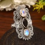 Black Onyx & Rainbow Moonstone Size US 11 Sterling Silver 925 Ring (REXT86-29)
