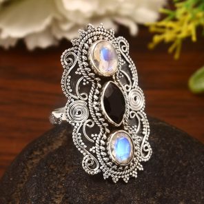 Black Onyx & Rainbow Moonstone Size US 11 Sterling Silver 925 Ring (REXT86-29)