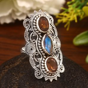 Labradorite & Smoky Quartz Size US 7 Sterling Silver 925 Ring (REXT86-100)