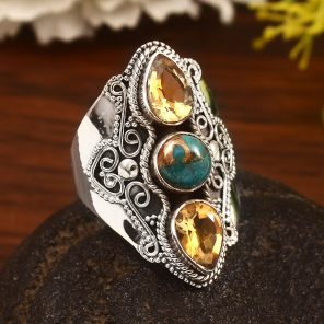Citrine & Spiny Oyster Turquoise Size US 11 Sterling Silver 925 Ring (REXT86-93)