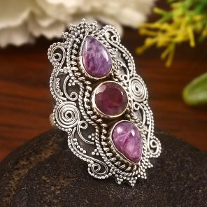 Charoite & Amethyst Size US 7 Sterling Silver 925 Ring (REXT86-69)