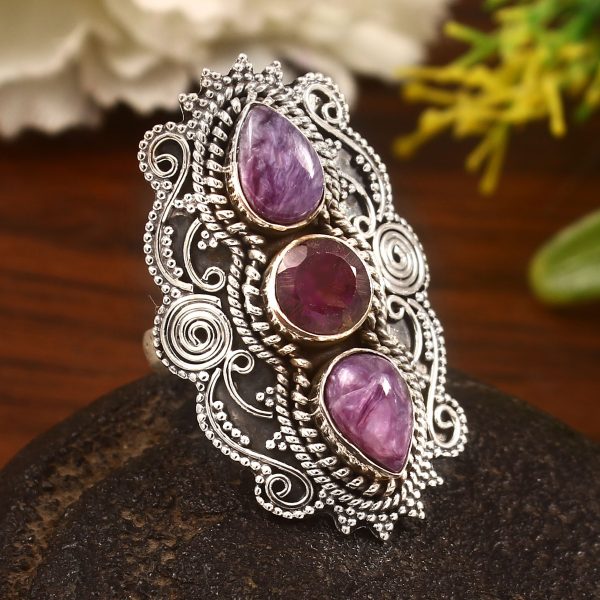 Charoite & Amethyst Size US 7 Sterling Silver 925 Ring (REXT86-69)