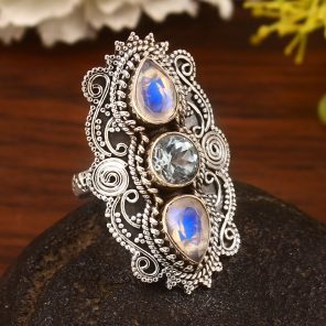 Rainbow Moonstone & Blue Topaz Size US 9 Sterling Silver 925 Ring (REXT86-42)