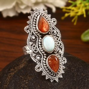 Sunstone & Larimar Size US 7 Sterling Silver 925 Ring (REXT86-59)