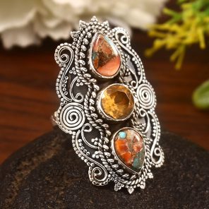 Citrine & Spiny Oyster Turquoise Size US 7 Sterling Silver 925 Ring (REXT86-91)
