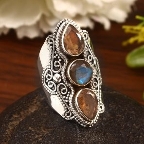 Labradorite & Smoky Quartz Size US 6 Sterling Silver 925 Ring (REXT86-25)