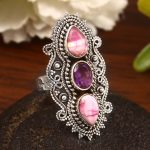 Pink Dahlia Turquoise & Amethyst Size US 8 Sterling Silver 925 Ring (REXT86-96)
