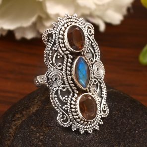 Labradorite & Smoky Quartz Size US 7 Sterling Silver 925 Ring (REXT86-99)