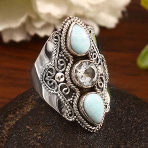 Blue Topaz & Larimar Size US 10 Sterling Silver 925 Ring (REXT86-63)