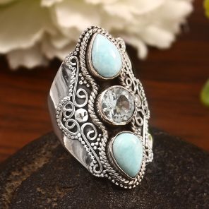 Blue Topaz & Larimar Size US 8 Sterling Silver 925 Ring (REXT86-64)