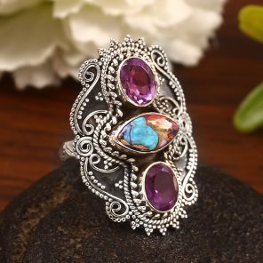 Pink Dahlia Turquoise & Amethyst Size US 11 Sterling Silver 925 Ring (REXT86-94)