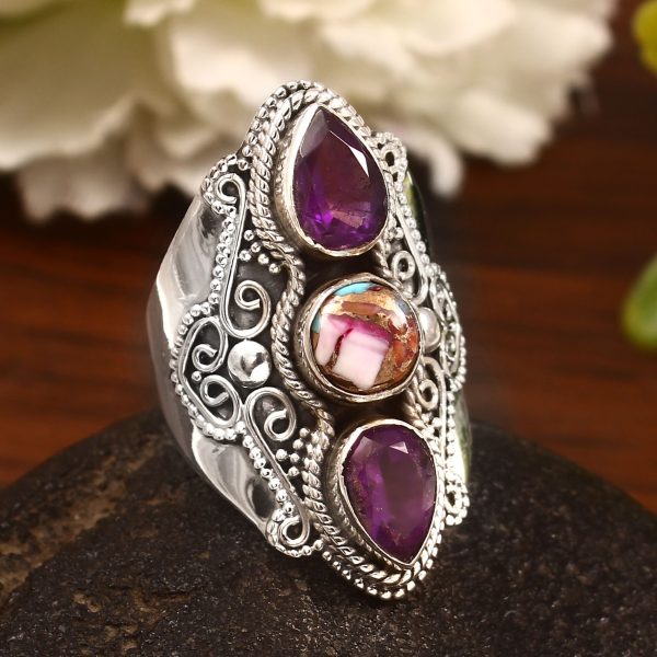 Pink Dahlia Turquoise & Amethyst Size US 8 Sterling Silver 925 Ring (REXT86-97)