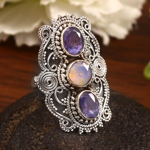 Ethiopian Opal & Tanzanite Size US 8 Sterling Silver 925 Ring (REXT86-82)