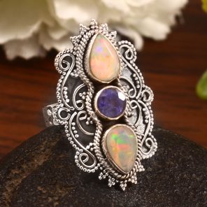 Ethiopian Opal & Tanzanite Size US 8 Sterling Silver 925 Ring (REXT86-81)