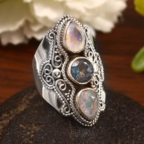 Rainbow Moonstone & London Blue Topaz Size US 11 Sterling Silver 925 Ring (REXT86-38)