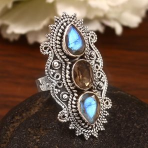 Labradorite & Smoky Quartz Size US 7 Sterling Silver 925 Ring (REXT86-34)