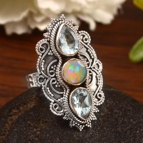 Ethiopian Opal & Blue Topaz Size US 9 Sterling Silver 925 Ring (REXT86-50)