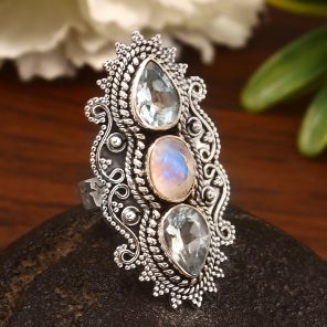 Rainbow Moonstone & Blue Topaz Size US 10 Sterling Silver 925 Ring (REXT86-39)
