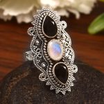 Black Onyx & Rainbow Moonstone Size US 10 Sterling Silver 925 Ring (REXT86-31)