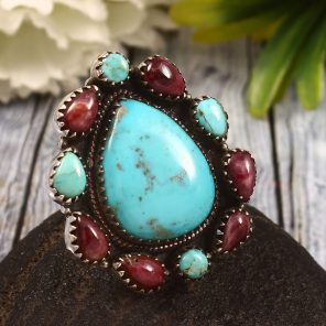 Kingman Turquoise & Purple Spiny Oyster US 8 Sterling Silver 925 Cluster Ring (REXT40-226)