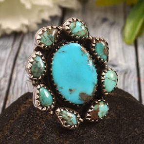Kingman Turquoise US 7 Sterling Silver 925 Cluster Ring (REXT40-216)
