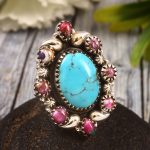 Kingman Turquoise & Pink Dahlia US 6 Sterling Silver 925 Cluster Ring (REXT40-221)